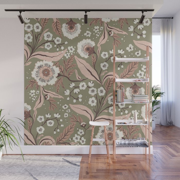 Sage Green and Mocha Mousse Vintage Floral Pattern Wall Mural Gallery Image 1