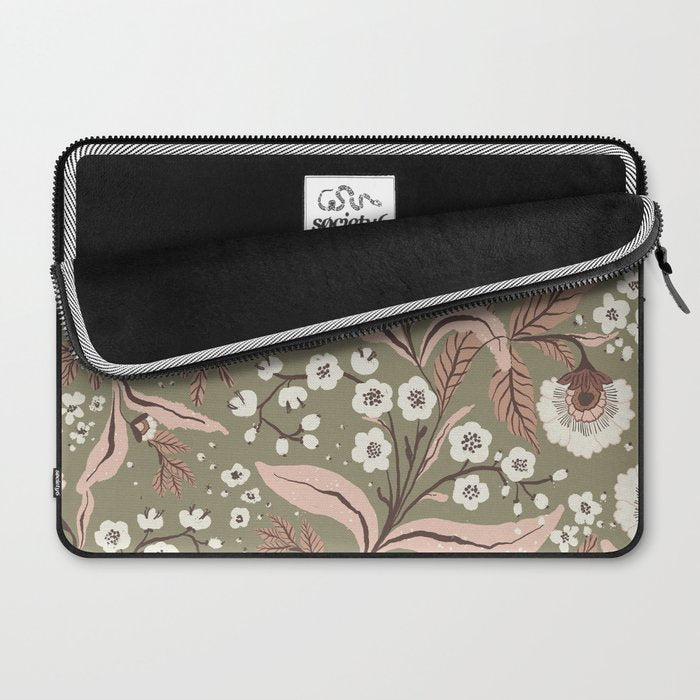 Sage Green and Mocha Mousse Vintage Floral Pattern Laptop Sleeve Gallery Image 2