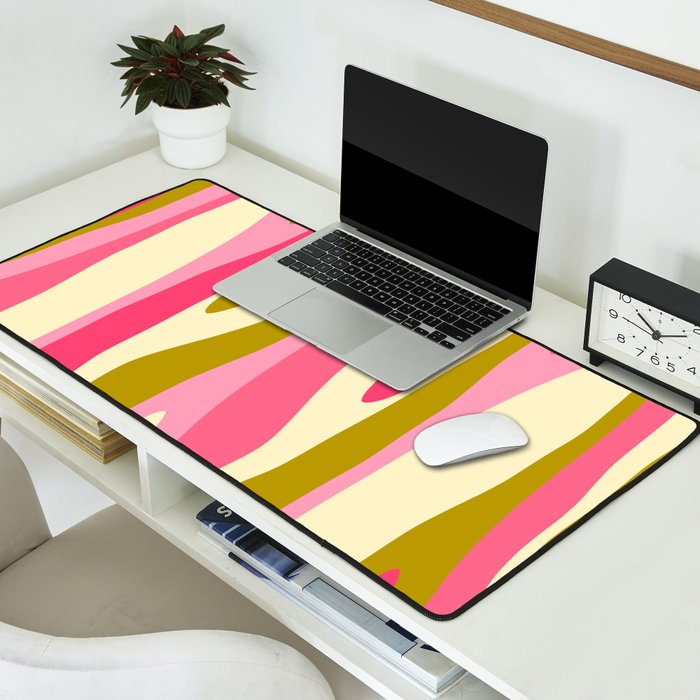 Abstract Wild Stripes Pattern in Pink and Olive Yellow Desk Mat Gallery Image 2