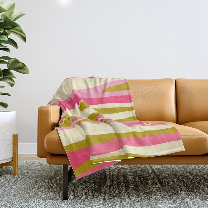 Abstract Wild Stripes Pattern in Pink and Olive Yellow Throw Blanket Gallery Image 1
