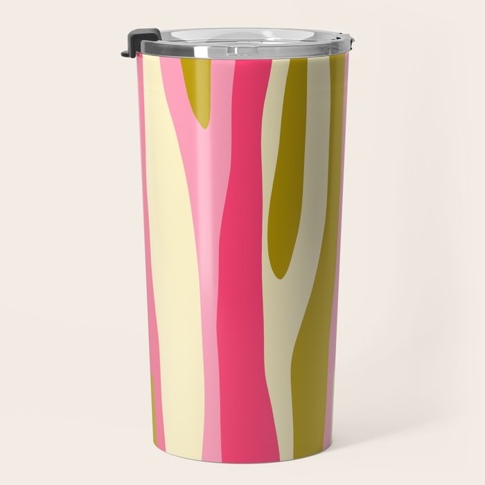 Abstract Wild Stripes Pattern in Pink and Olive Yellow Travel Mug Gallery Image 3