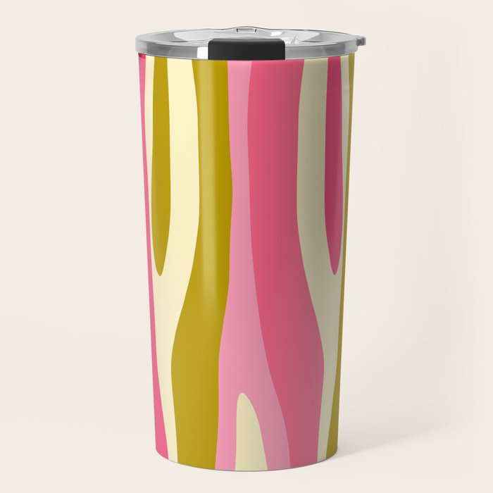 Abstract Wild Stripes Pattern in Pink and Olive Yellow Travel Mug Gallery Image 1