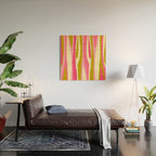 Abstract Wild Stripes Pattern in Pink and Olive Yellow Wood Wall Art Gallery Image 2
