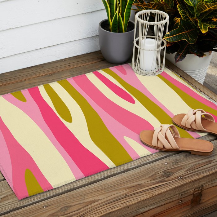 Abstract Wild Stripes Pattern in Pink and Olive Yellow Outdoor Rug Gallery Image 2