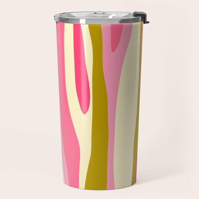 Abstract Wild Stripes Pattern in Pink and Olive Yellow Travel Mug Gallery Image 2
