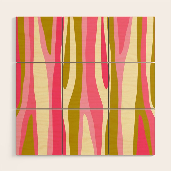 Abstract Wild Stripes Pattern in Pink and Olive Yellow Wood Wall Art Gallery Image 1