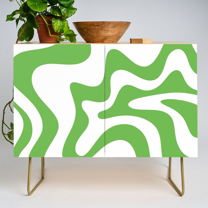 Retro Liquid Swirl Abstract Square in Bright Lime Green and White Credenza Gallery Image 1