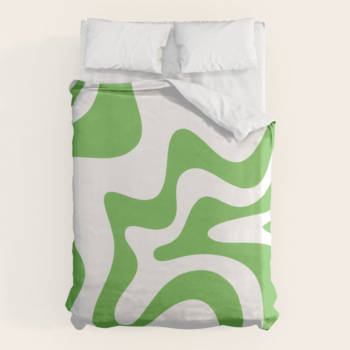 Retro Liquid Swirl Abstract Square in Bright Lime Green and White Duvet Cover Gallery Image 1