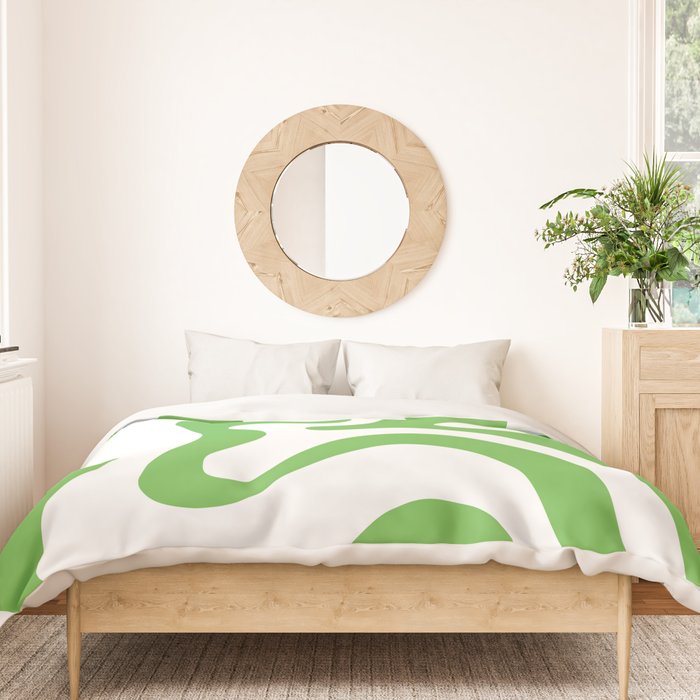 Retro Liquid Swirl Abstract Square in Bright Lime Green and White Duvet Cover Gallery Image 3