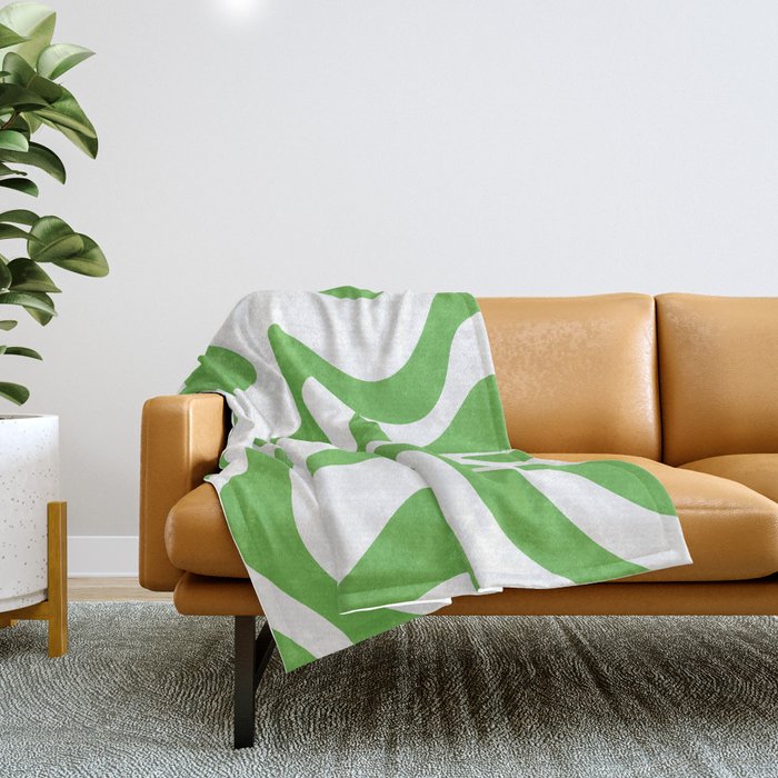 Retro Liquid Swirl Abstract Square in Bright Lime Green and White Throw Blanket Gallery Image 1