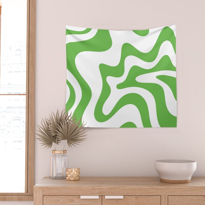 Retro Liquid Swirl Abstract Square in Bright Lime Green and White Wall Tapestry Gallery Image 2