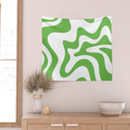 Retro Liquid Swirl Abstract Square in Bright Lime Green and White Wall Tapestry Gallery Image 2