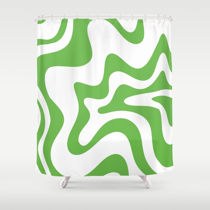 Retro Liquid Swirl Abstract Square in Bright Lime Green and White Shower Curtain Gallery Image 1