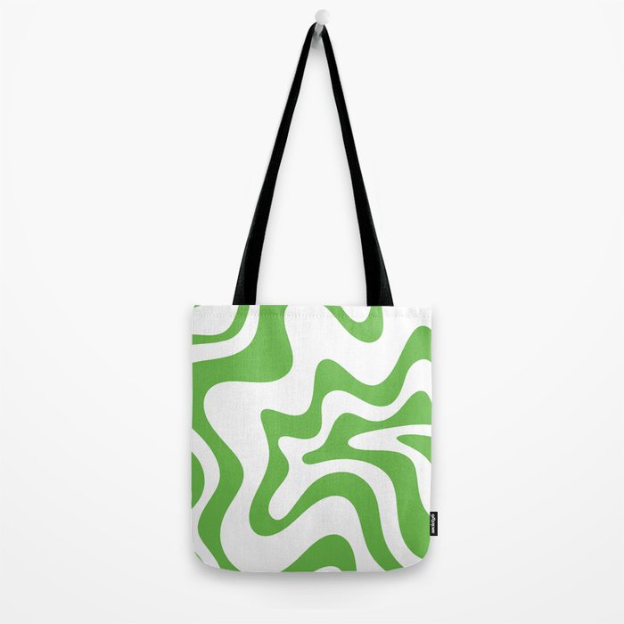 Retro Liquid Swirl Abstract Square in Bright Lime Green and White Tote Bag Gallery Image 2