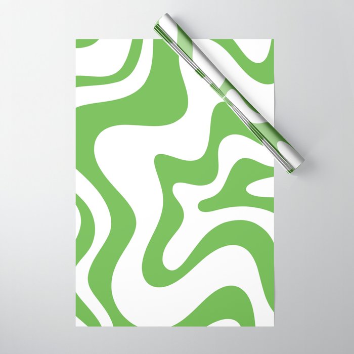 Retro Liquid Swirl Abstract Square in Bright Lime Green and White Wrapping Paper Gallery Image 1