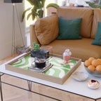 Retro Liquid Swirl Abstract Square in Bright Lime Green and White Serving Tray Gallery Image 2
