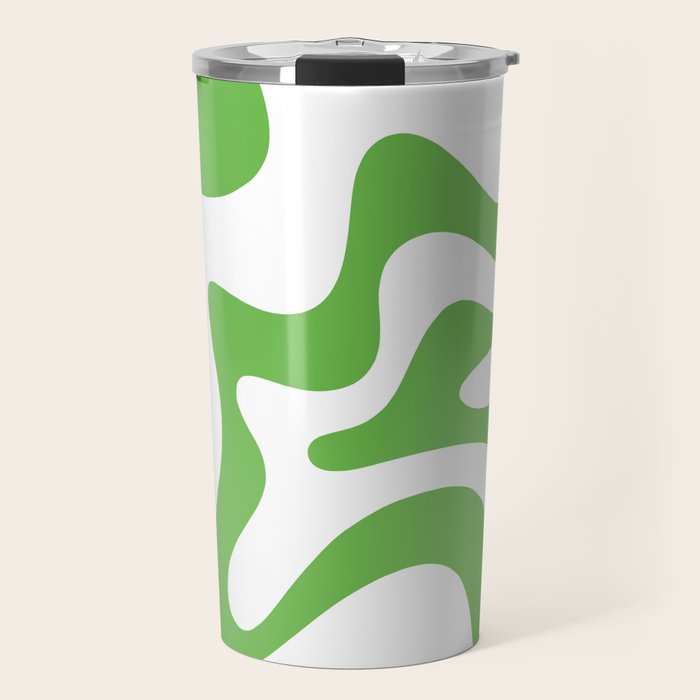 Retro Liquid Swirl Abstract Square in Bright Lime Green and White Travel Mug Gallery Image 1