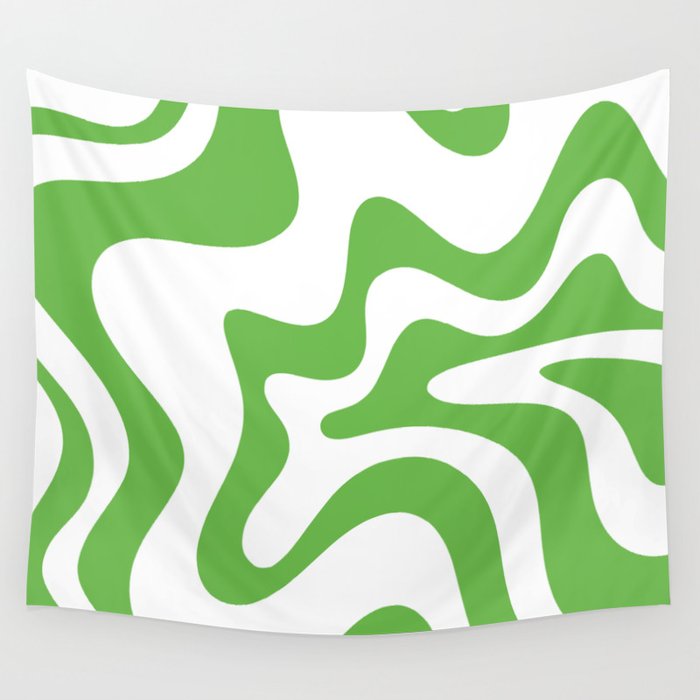 Retro Liquid Swirl Abstract Square in Bright Lime Green and White Wall Tapestry Gallery Image 1