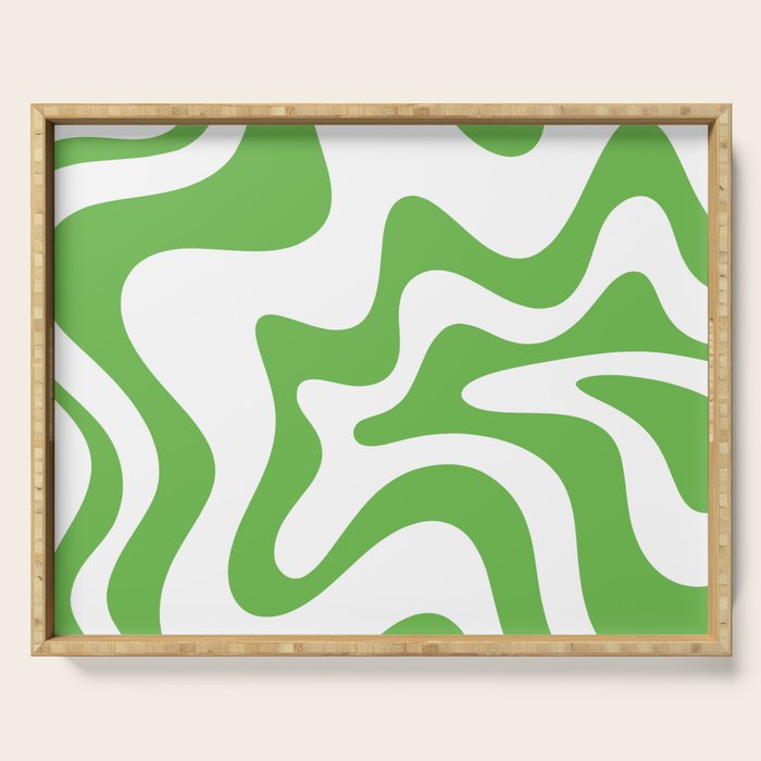 Retro Liquid Swirl Abstract Square in Bright Lime Green and White Serving Tray Gallery Image 1
