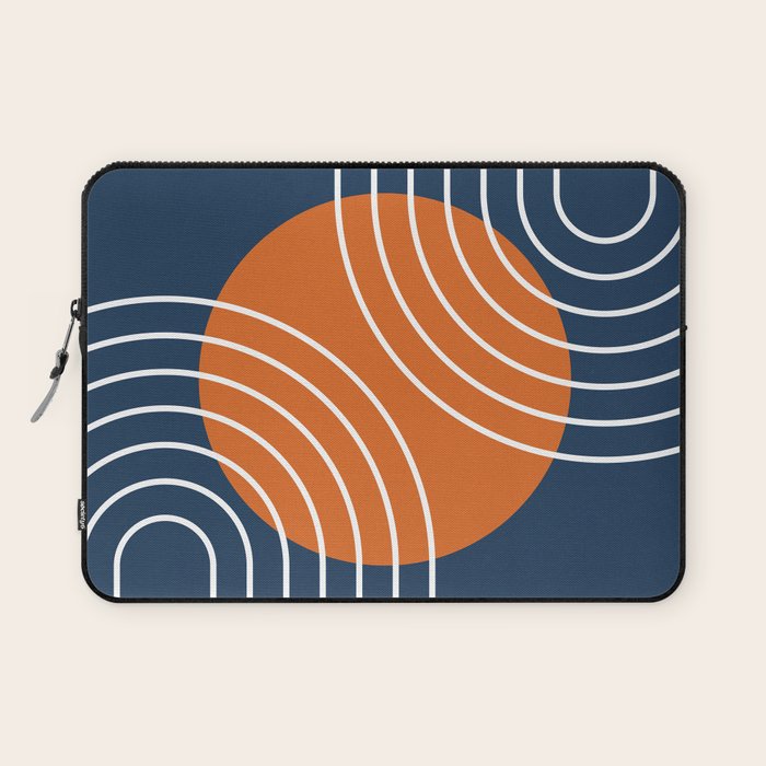 Mid Century Modern Geometric 133 in Navy Blue and vintage orange (Sun and Rainbow Abstract) Laptop Sleeve Gallery Image 1