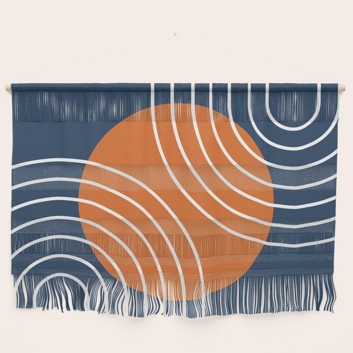 Mid Century Modern Geometric 133 in Navy Blue and vintage orange (Sun and Rainbow Abstract) Wall Hanging Gallery Image 1