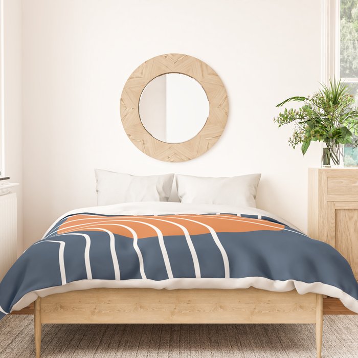 Mid Century Modern Geometric 133 in Navy Blue and vintage orange (Sun and Rainbow Abstract) Duvet Cover Gallery Image 3