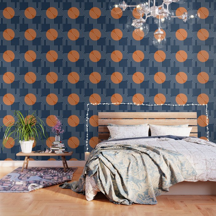 Mid Century Modern Geometric 133 in Navy Blue and vintage orange (Sun and Rainbow Abstract) Wallpaper Gallery Image 1