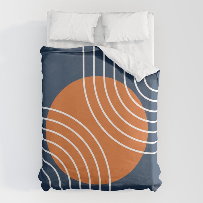 Mid Century Modern Geometric 133 in Navy Blue and vintage orange (Sun and Rainbow Abstract) Duvet Cover Gallery Image 1