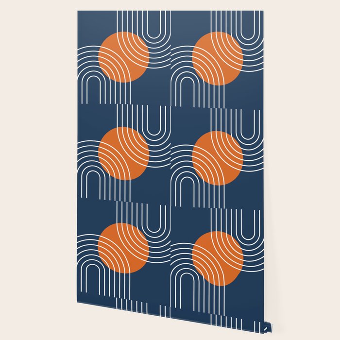 Mid Century Modern Geometric 133 in Navy Blue and vintage orange (Sun and Rainbow Abstract) Wallpaper Gallery Image 2