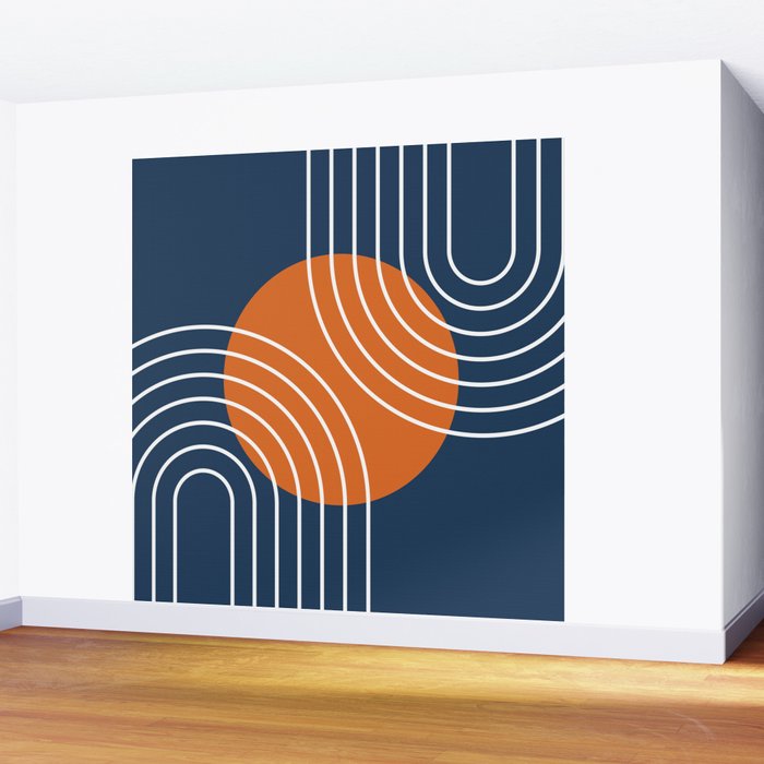 Mid Century Modern Geometric 133 in Navy Blue and vintage orange (Sun and Rainbow Abstract) Wall Mural Gallery Image 2