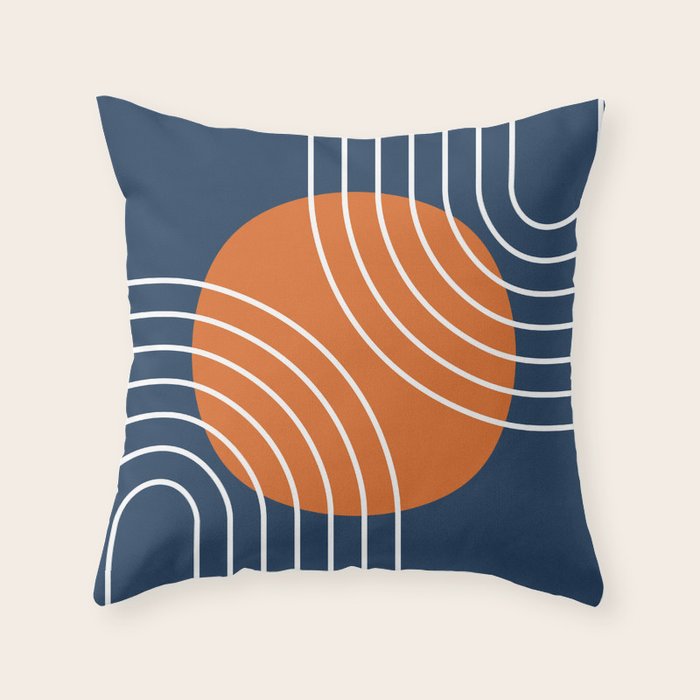Mid Century Modern Geometric 133 in Navy Blue and vintage orange (Sun and Rainbow Abstract) Throw Pillow Gallery Image 1