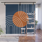 Mid Century Modern Geometric 133 in Navy Blue and vintage orange (Sun and Rainbow Abstract) Wall Mural Gallery Image 1