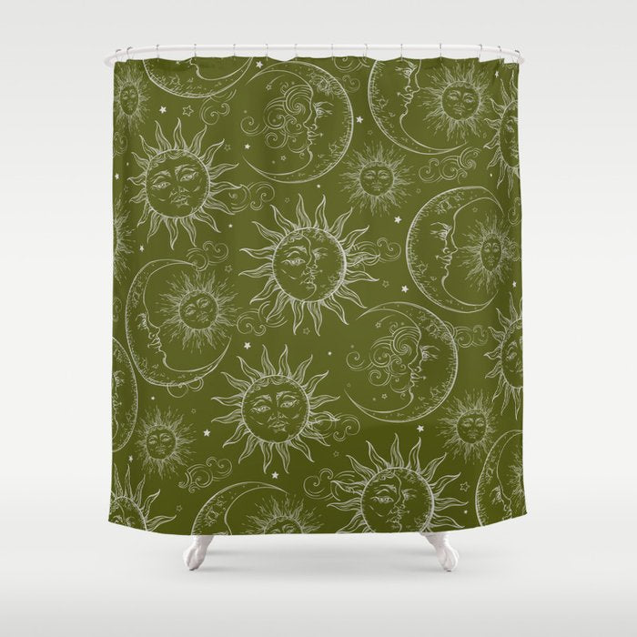 Olive Green Celestial Magic Sun Moon Stars Shower Curtain Gallery Image 1