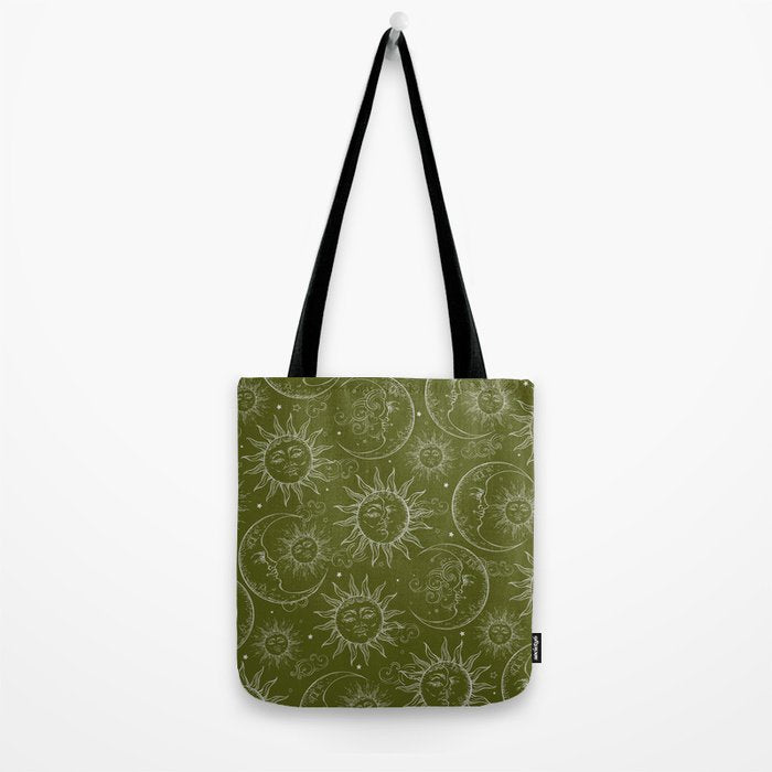 Olive Green Celestial Magic Sun Moon Stars Tote Bag Gallery Image 2