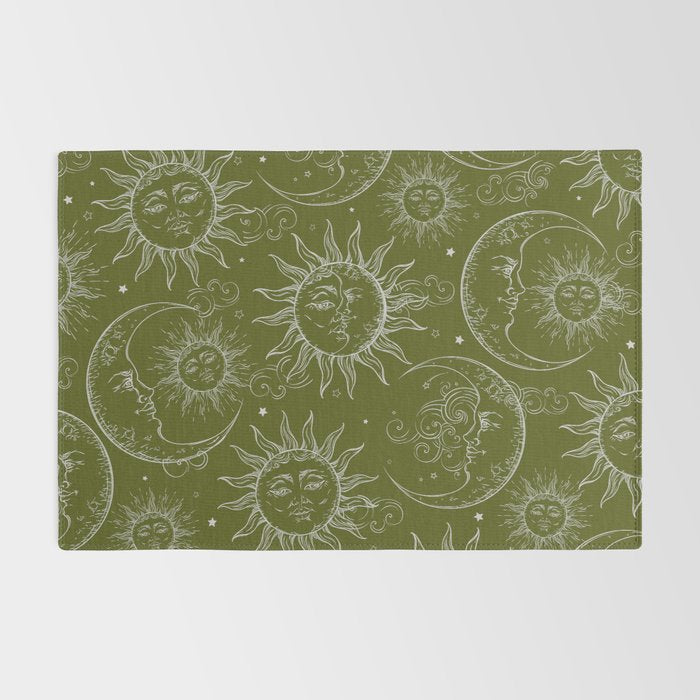 Olive Green Celestial Magic Sun Moon Stars Rug Gallery Image 2