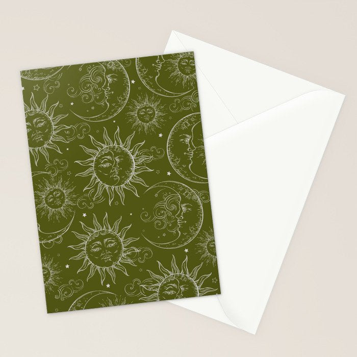 Olive Green Celestial Magic Sun Moon Stars Stationery Card Gallery Image 2