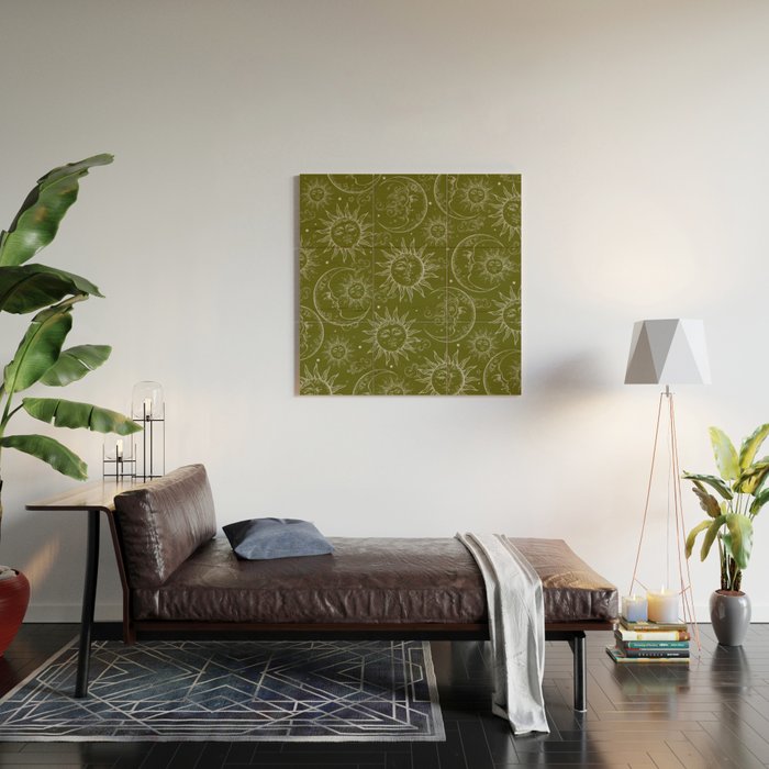 Olive Green Celestial Magic Sun Moon Stars Wood Wall Art Gallery Image 2