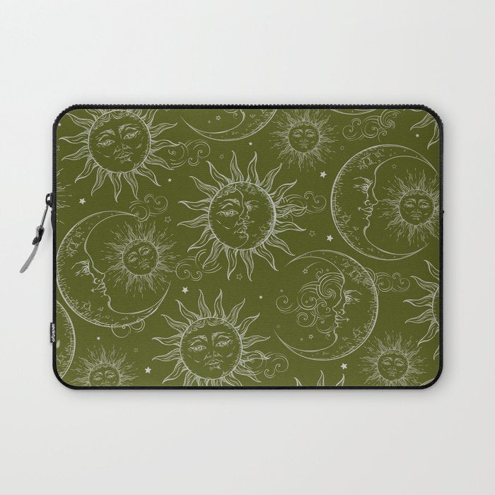 Olive Green Celestial Magic Sun Moon Stars Laptop Sleeve Gallery Image 1