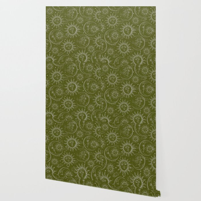 Olive Green Celestial Magic Sun Moon Stars Wallpaper Gallery Image 2