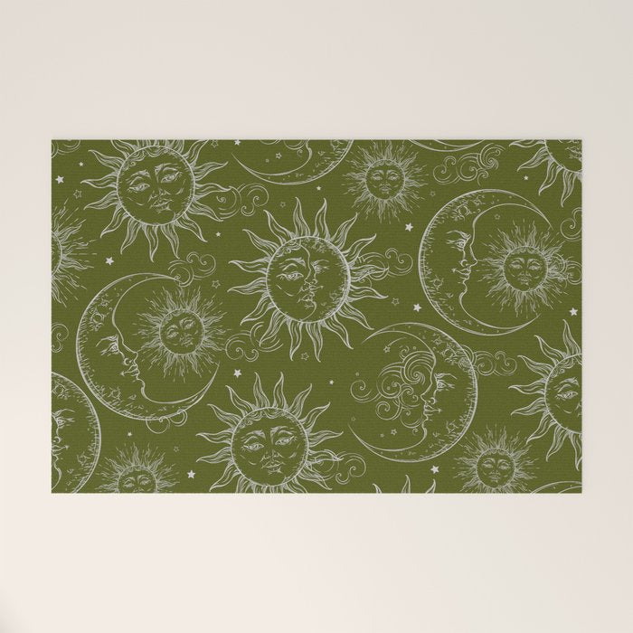 Olive Green Celestial Magic Sun Moon Stars Welcome Mat Gallery Image 1