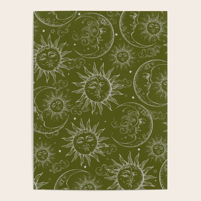 Olive Green Celestial Magic Sun Moon Stars Poster Gallery Image 4