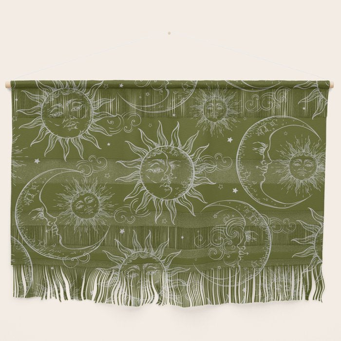Olive Green Celestial Magic Sun Moon Stars Wall Hanging Gallery Image 1
