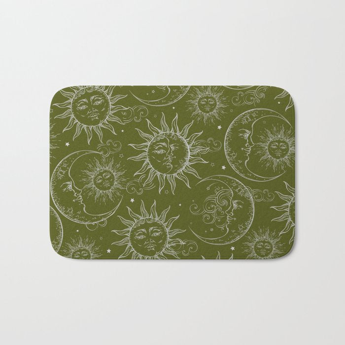Olive Green Celestial Magic Sun Moon Stars Bath Mat Gallery Image 1