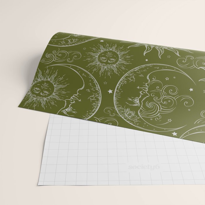 Olive Green Celestial Magic Sun Moon Stars Wrapping Paper Gallery Image 2