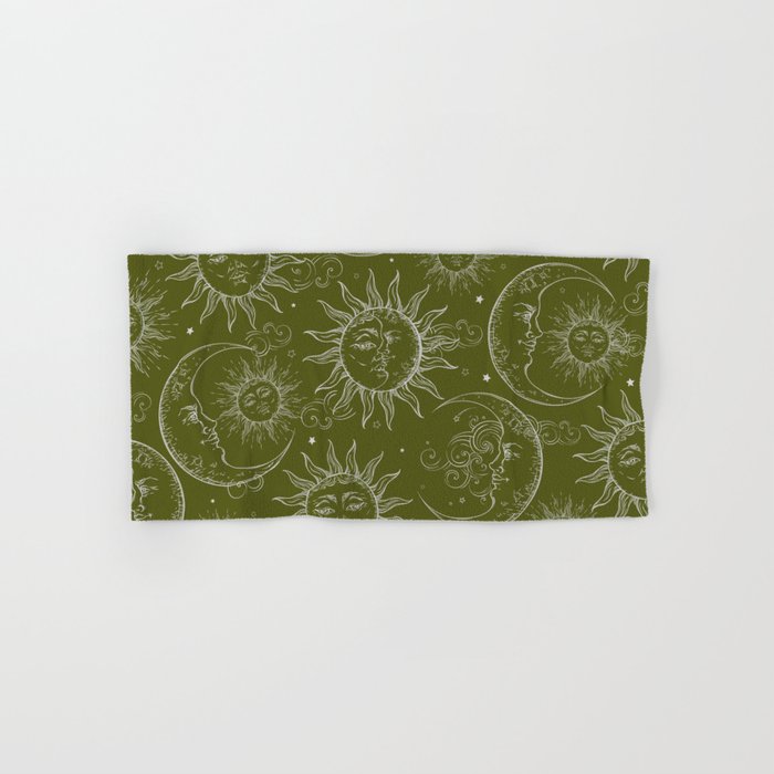 Olive Green Celestial Magic Sun Moon Stars Bath Towel Gallery Image 1