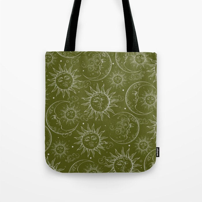 Olive Green Celestial Magic Sun Moon Stars Tote Bag Gallery Image 1