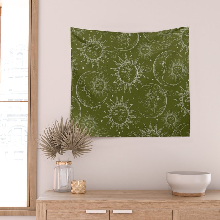Olive Green Celestial Magic Sun Moon Stars Wall Tapestry Gallery Image 2