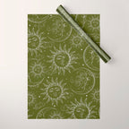 Olive Green Celestial Magic Sun Moon Stars Wrapping Paper Gallery Image 1