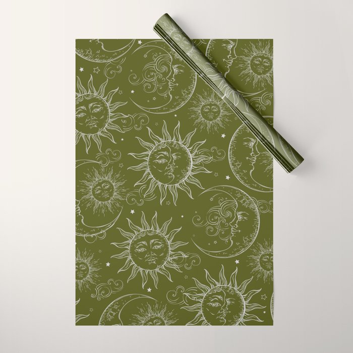 Olive Green Celestial Magic Sun Moon Stars Wrapping Paper Gallery Image 1