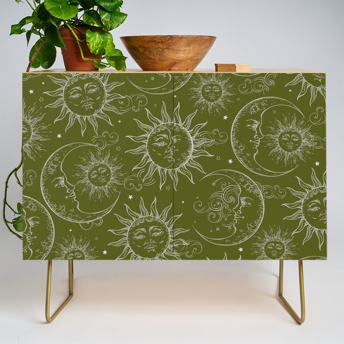 Olive Green Celestial Magic Sun Moon Stars Credenza Gallery Image 1